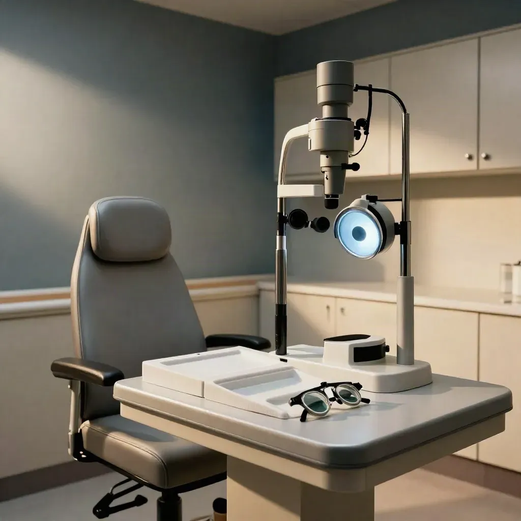 Adult eye-test room with slit lamp, trial frame set and exam chair in calm clinical light.