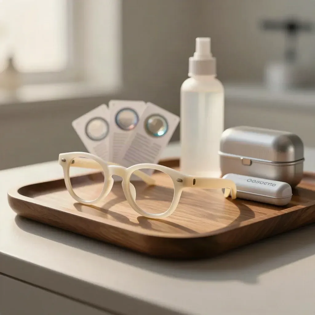 Child frame, lens samples and care kit on a walnut tray with soft clinical light.