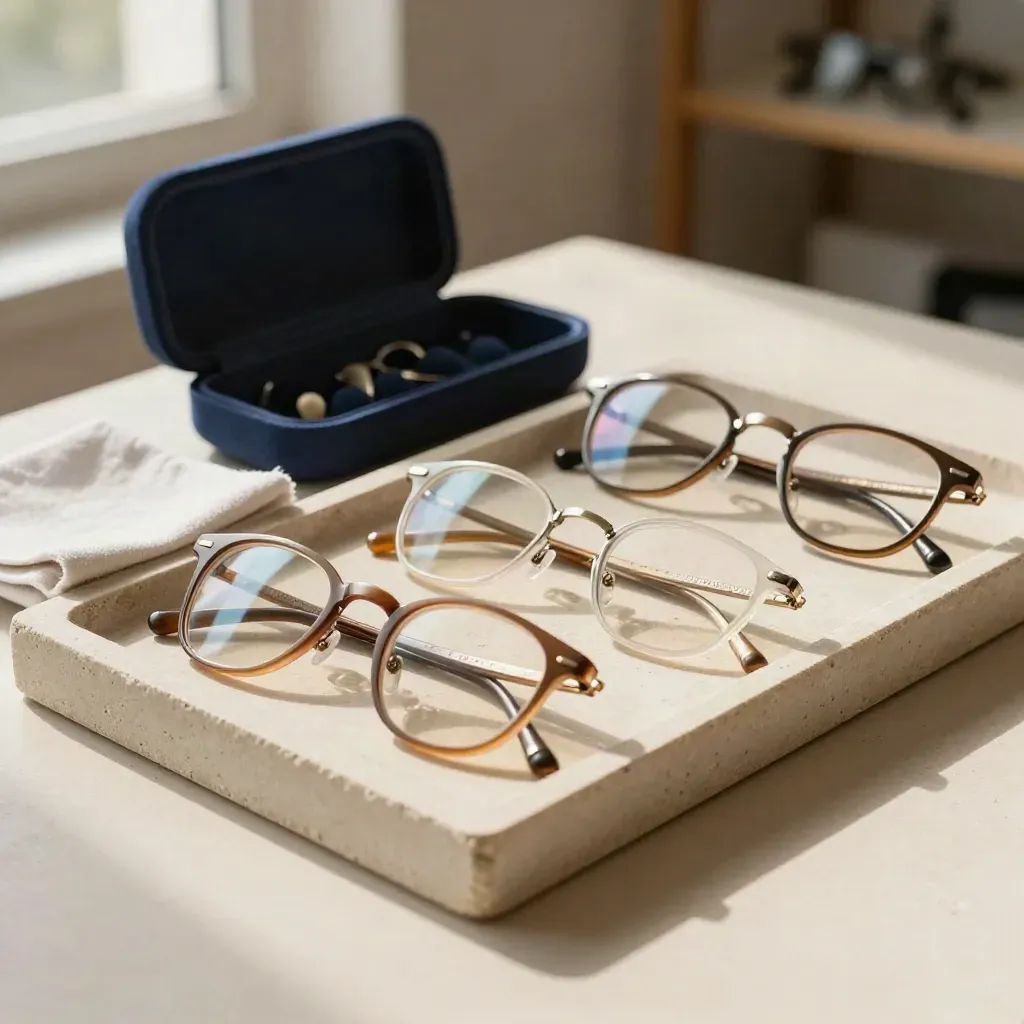 Prescription glasses fitting tray with frame options, cloth and case on pale stone in soft window light