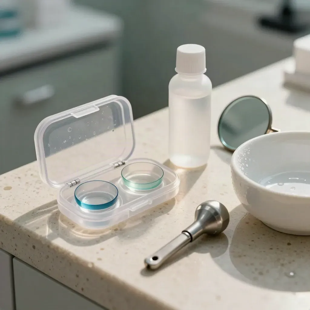 Top-down contact lens fitting kit with case, saline, mirror, plunger and bowl on stone