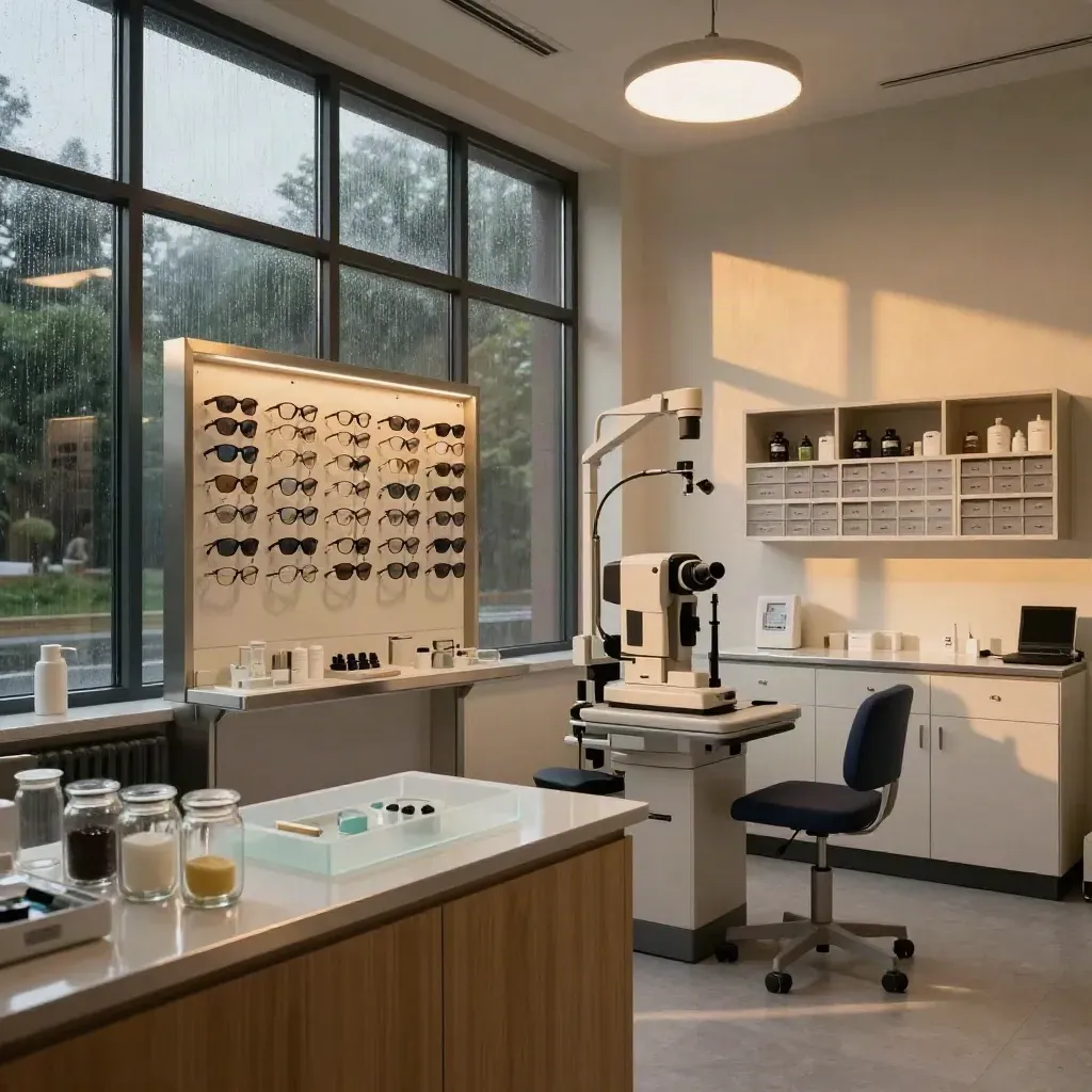 Modern optometry suite with slit lamp, frame wall and dry-eye shelves in rain-lit haze.
