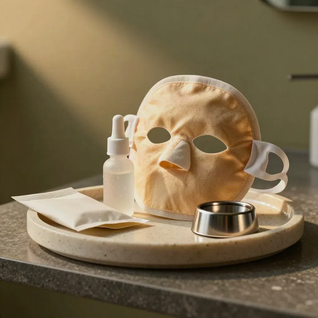 Dry-eye care items on a stone tray with warm compress mask, drops, wipes and eye cup