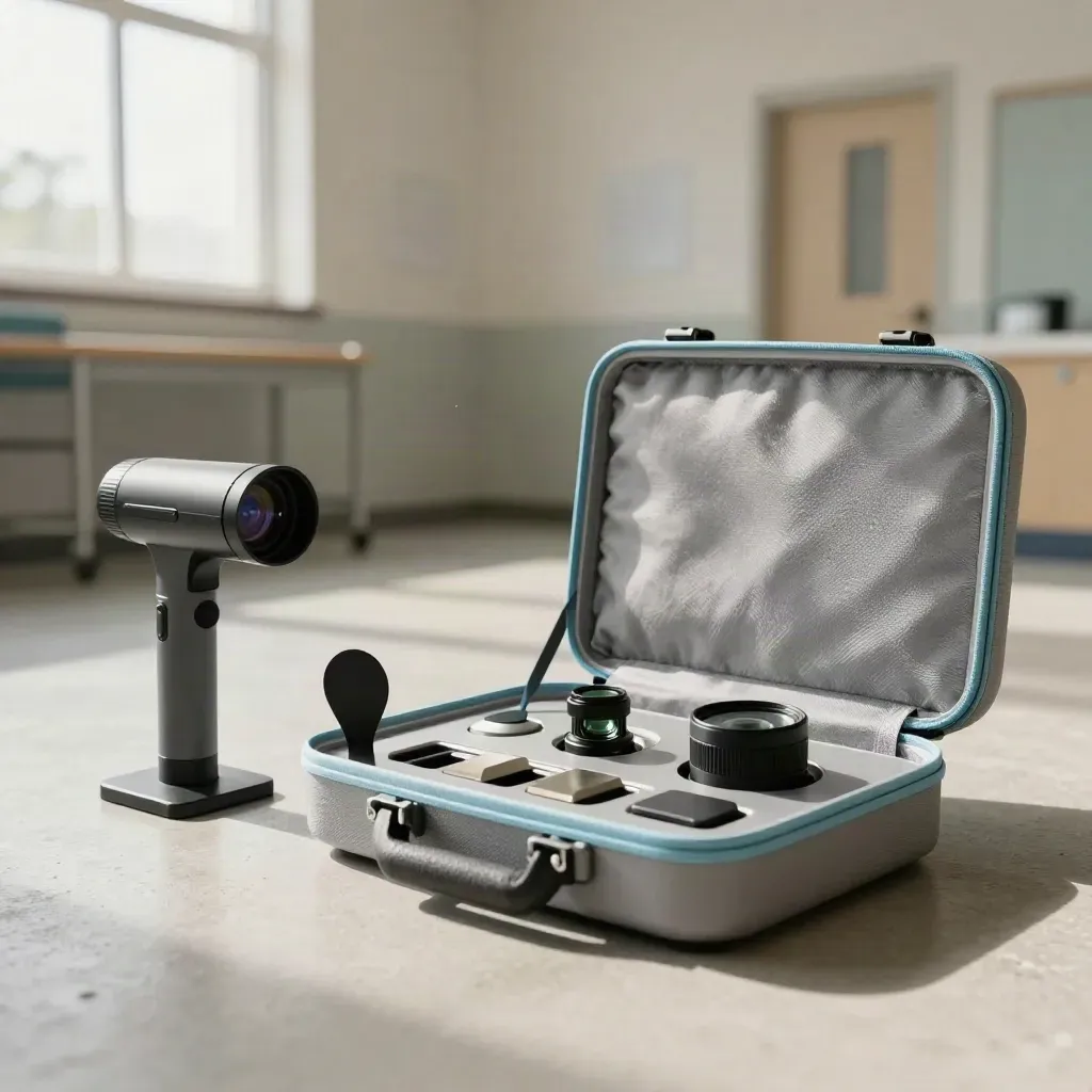 Portable vision screening kit packed in a neutral room, ready for school or workplace checks.
