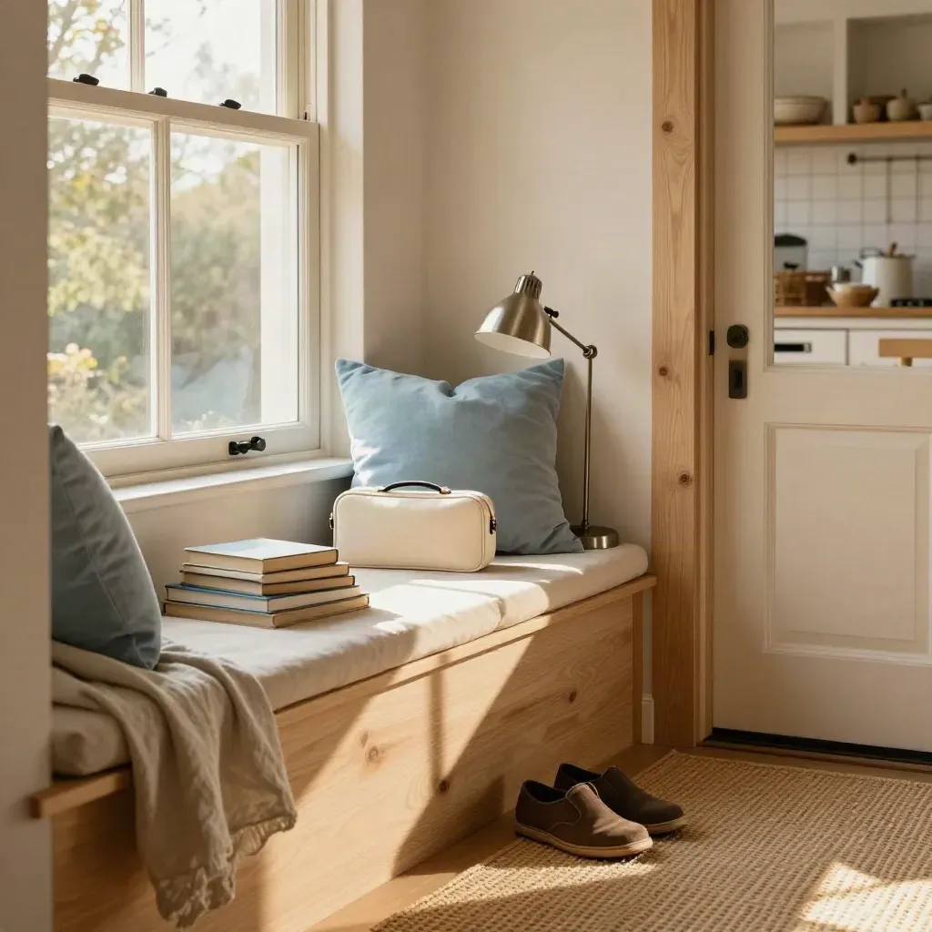 Sunlit reading nook with glasses case, school books, lamp, shoes, and sky-blue cushion.