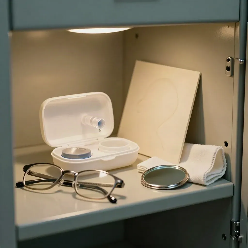 Open lens kit on a locker shelf with glasses, saline bottle, mirror and droplet