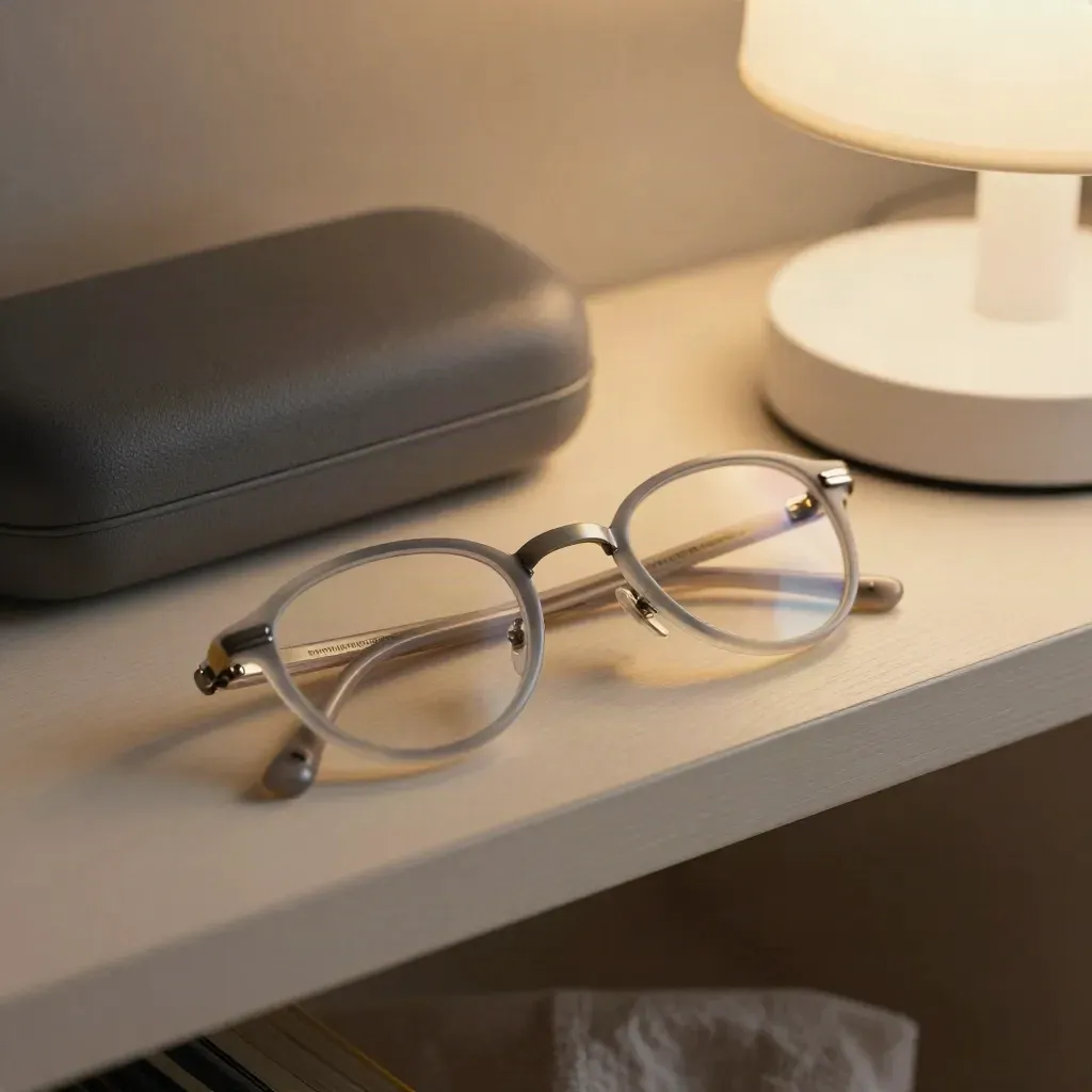 Child's bedside shelf with two pairs of glasses, case, closed storybook and warm lamp glow