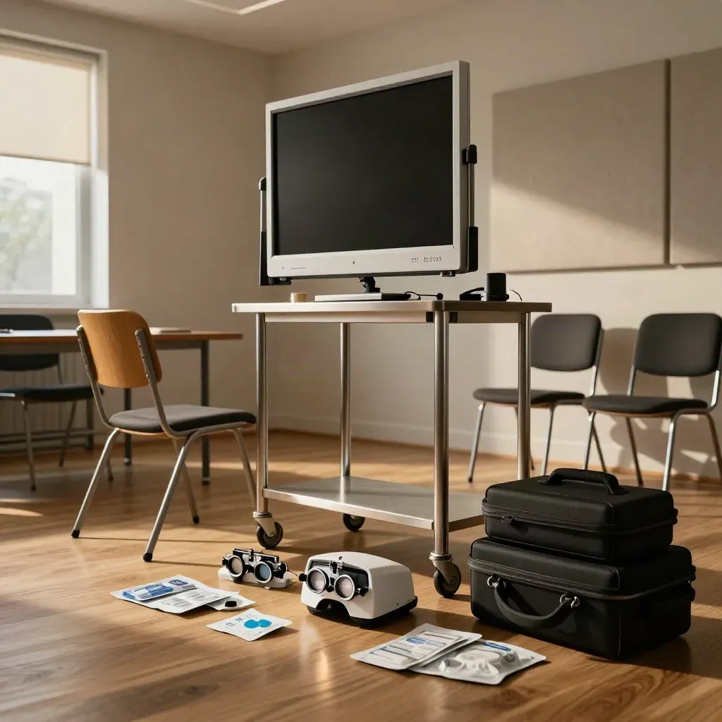 Empty optometry screening station in a quiet meeting room with folded chairs and cased equipment.