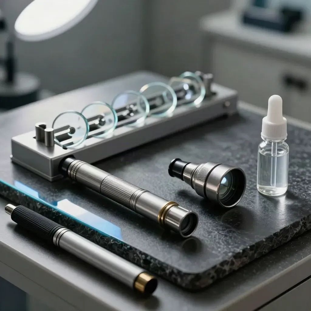 Optometry tools and diagnostic drops on a dark stone bench under glinting light