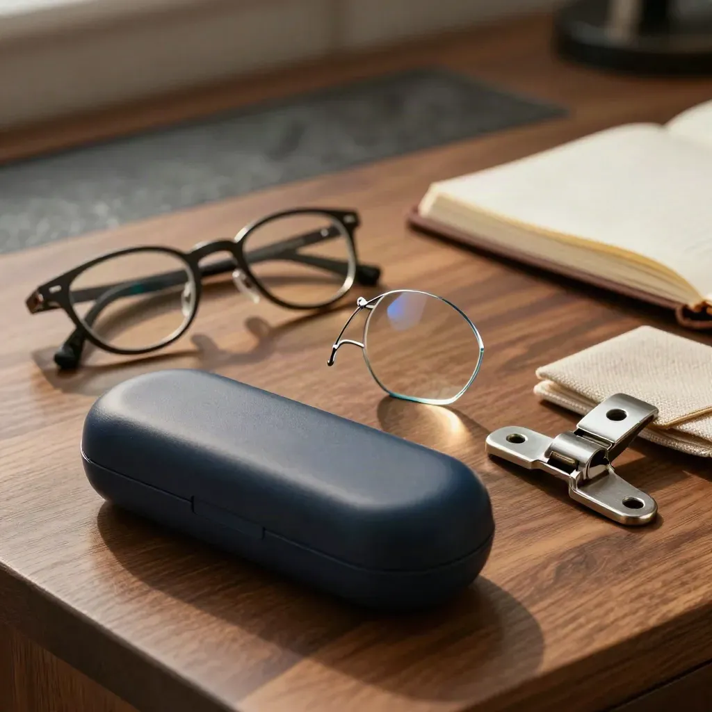 Myopia-control lens samples, ortho-k case, hinge sample and closed notebook on a walnut workbench.