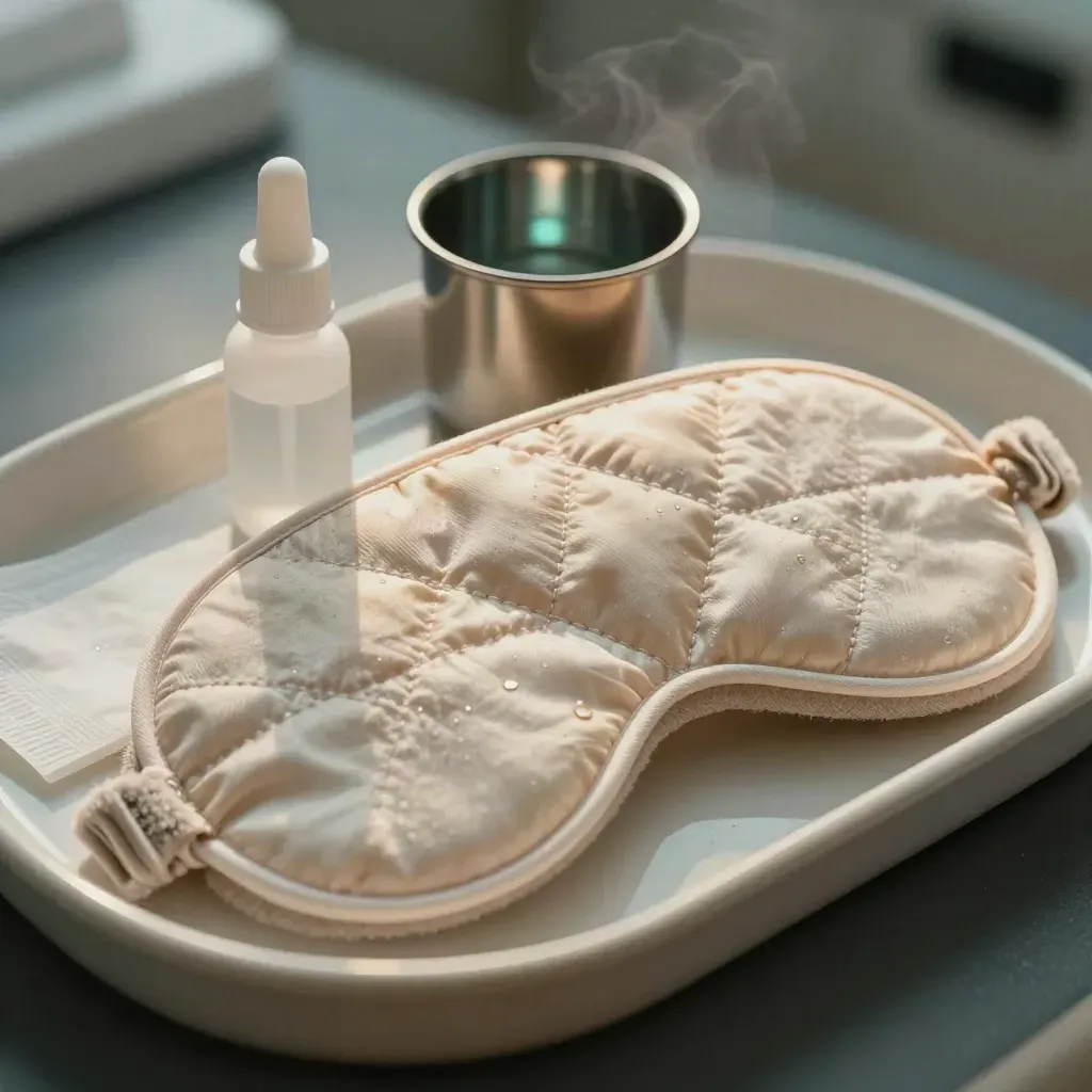 Dry-eye relief kit on a tray with heated mask, drops, wipes and steel cup.