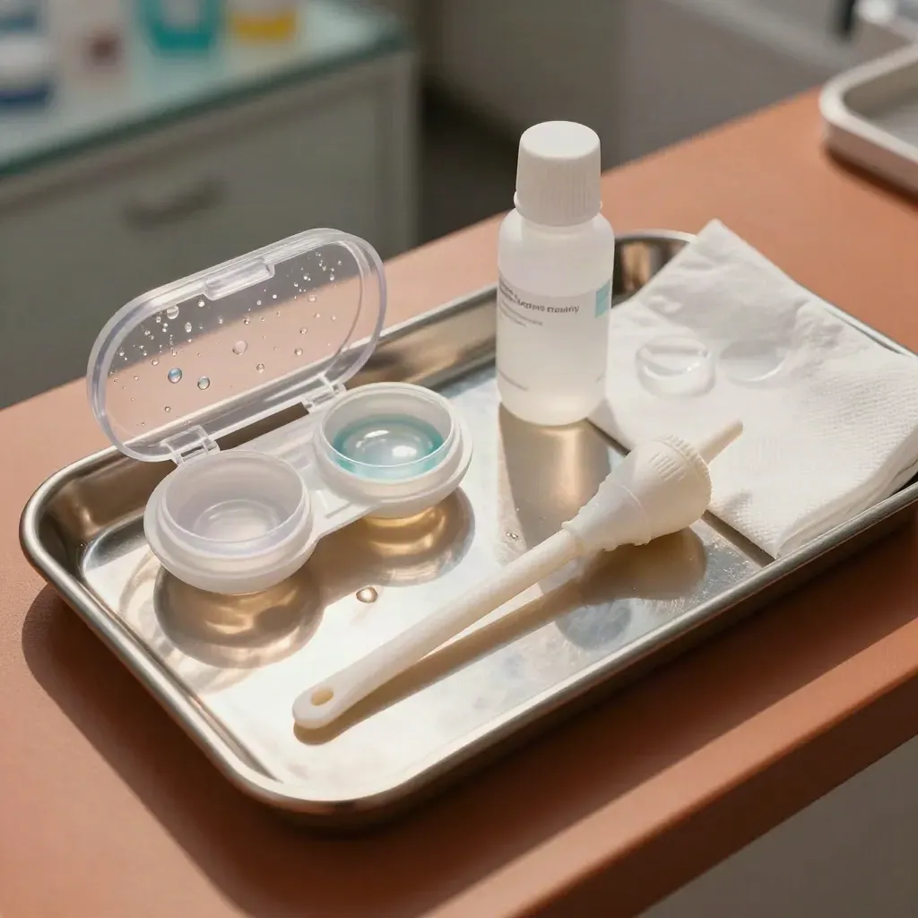 Top-down optometry still life with contact lens vials, case, plunger and saline on a metal tray.