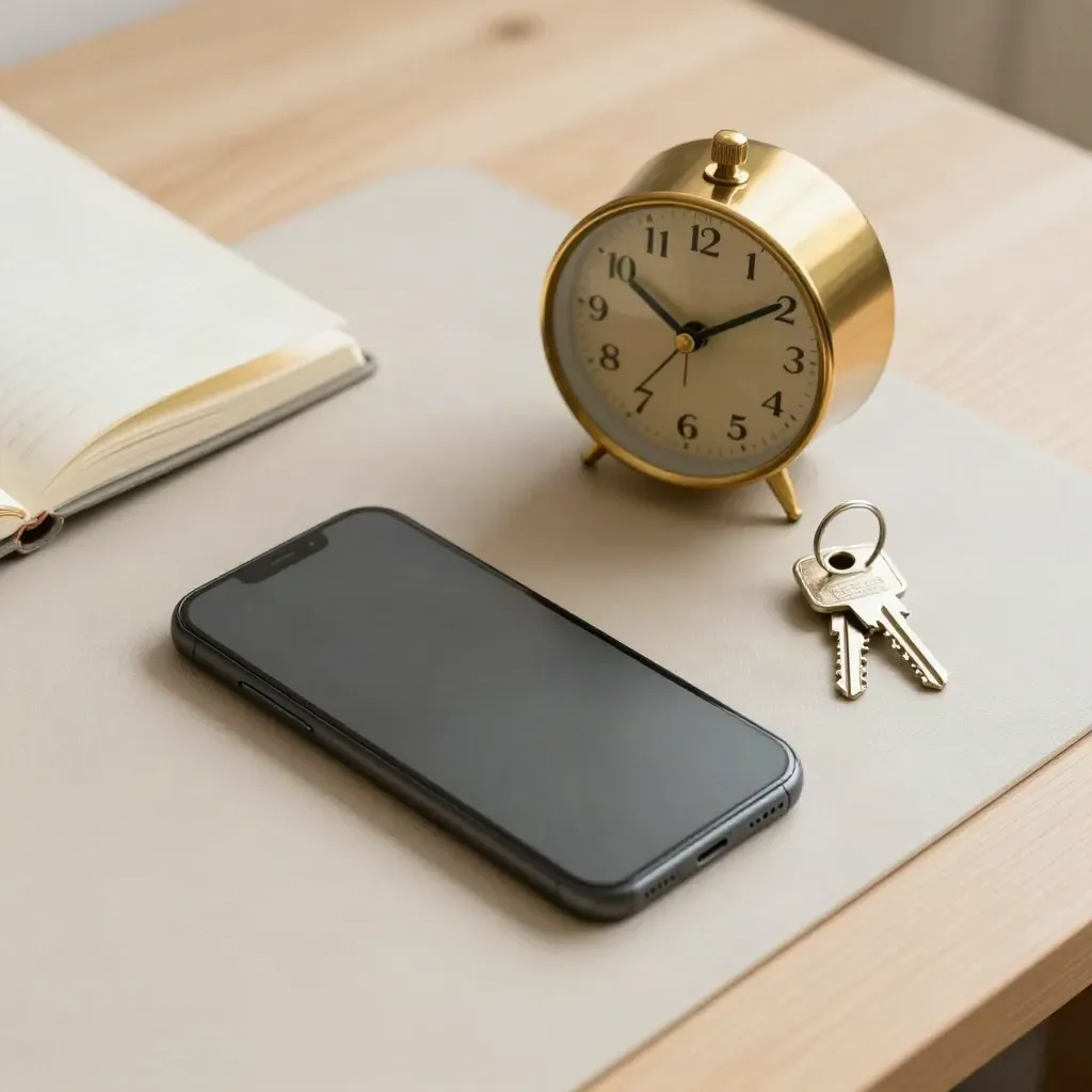 Face-down phone, brass clock, house keys and closed notebook on a pale wood mat.