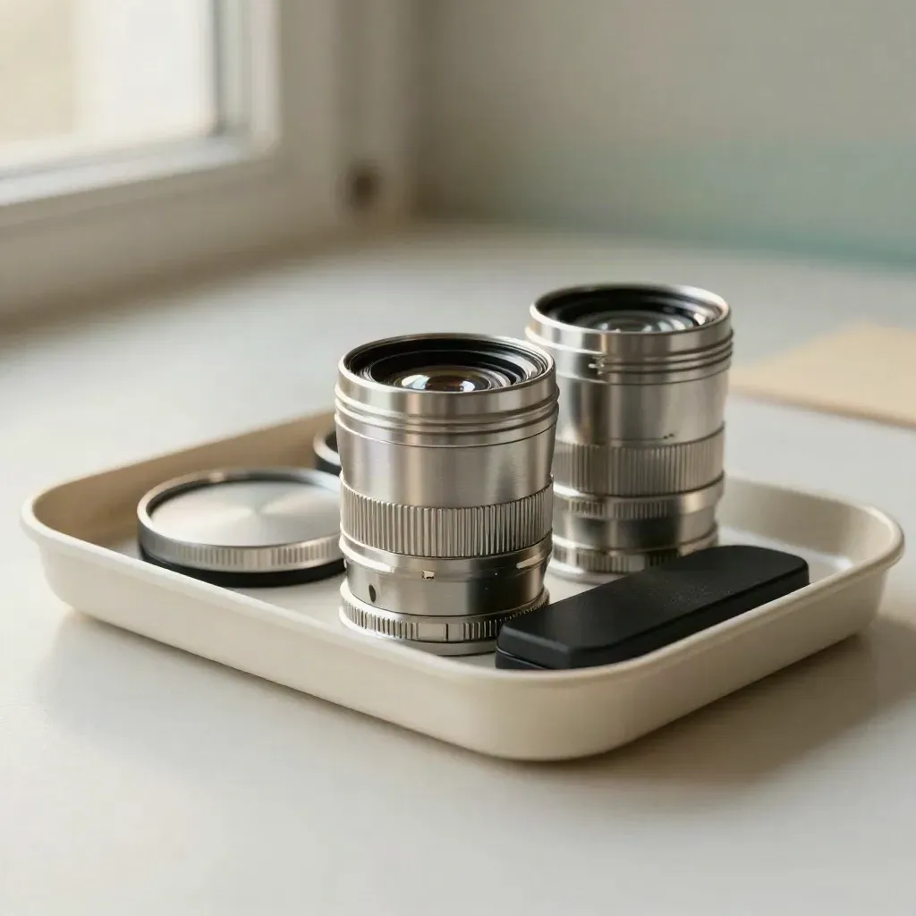 Trial frames, lenses and occlusion paddle in a shallow tray on a pale plaster sweep.