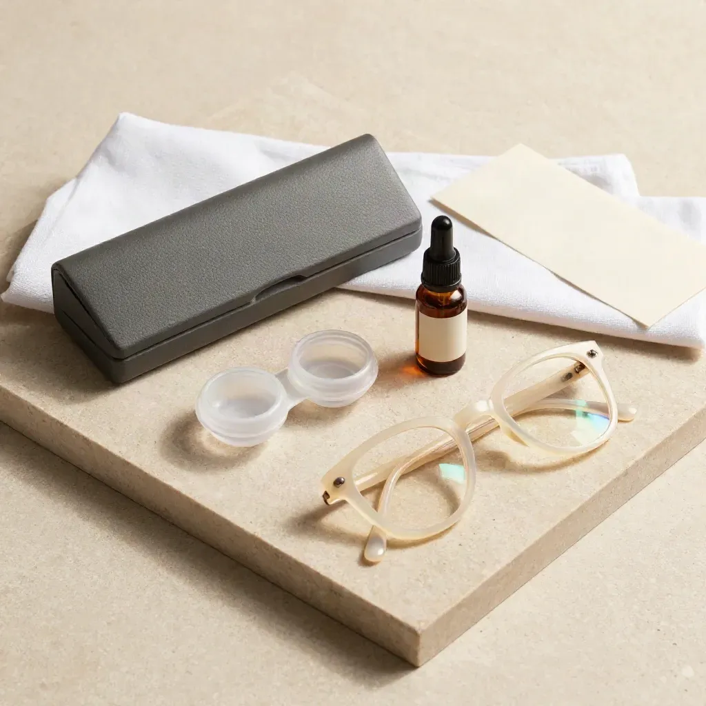 Overhead still life of glasses, contact lens, dry-eye and myopia care items on a stone tray.