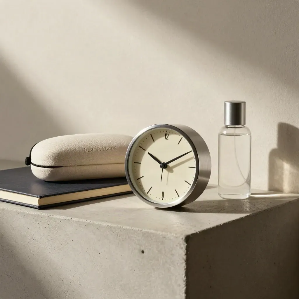 Closed diary, glasses case, solution bottle and clock on a stone ledge for aftercare.