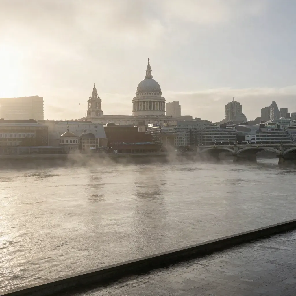 London skyline at sunrise over the Thames, St Paul’s dome high above a misty river plane.