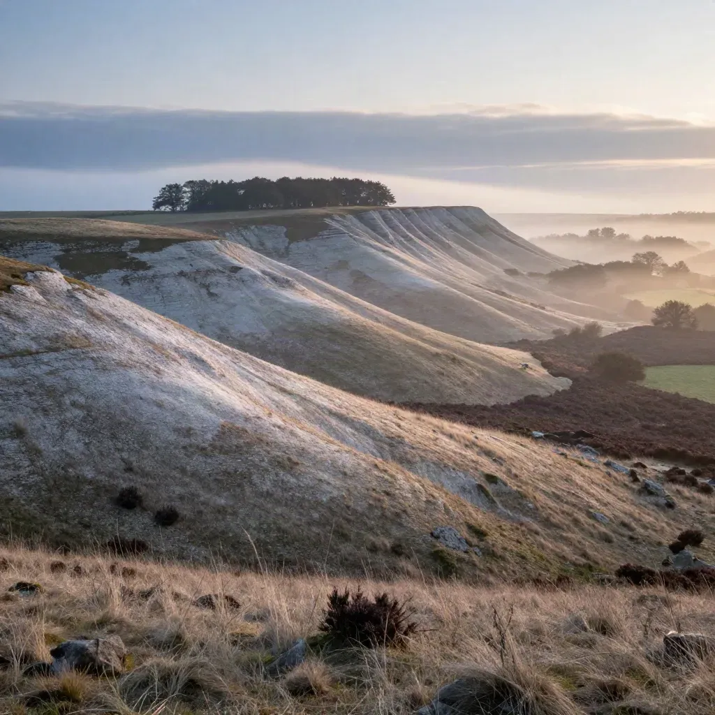 Dawn mist lifting over the Surrey Hills chalk ridge, with a calm valley below