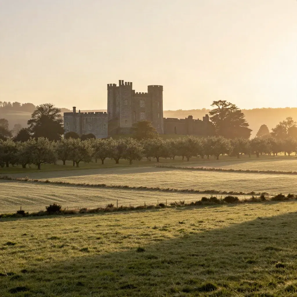 Kent castle above orchards and hazy fields at golden hour