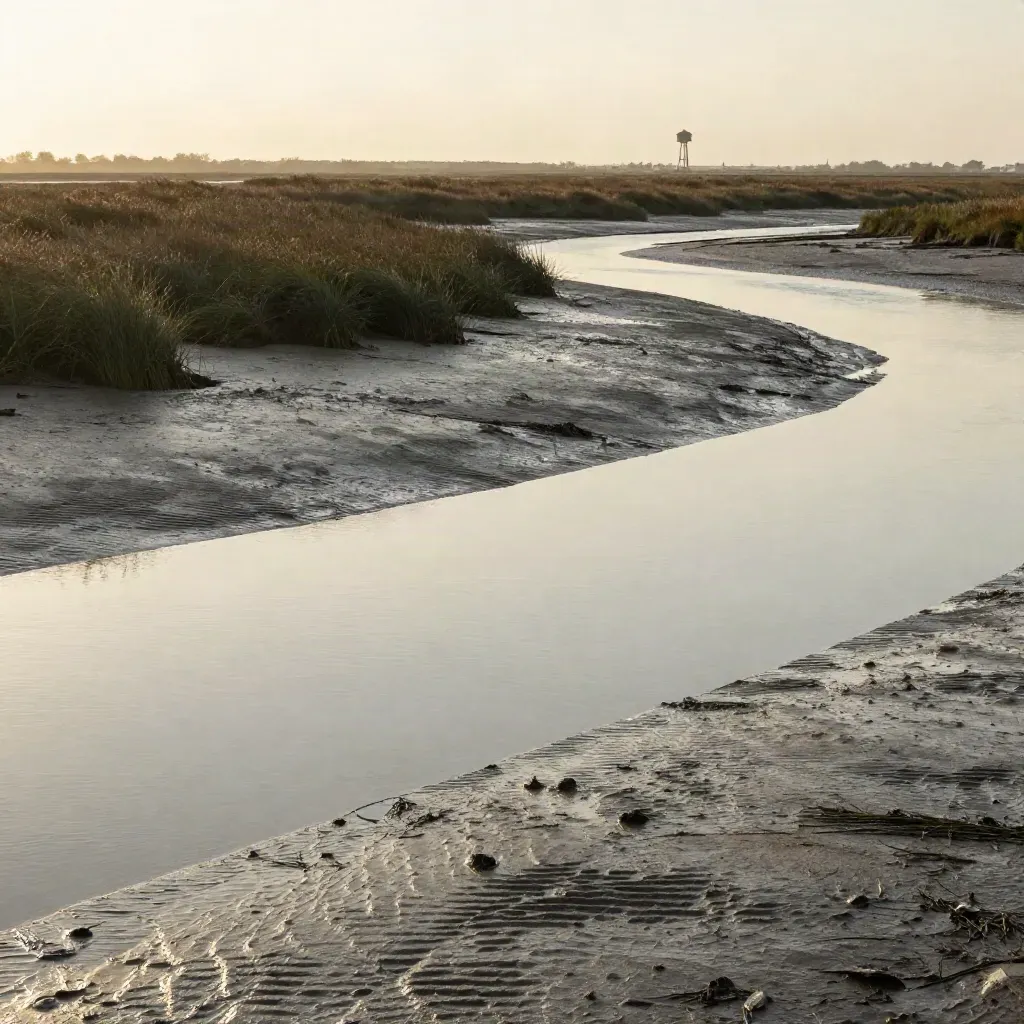 Essex estuary marshes at low tide with reeds, mudflats and a distant water tower